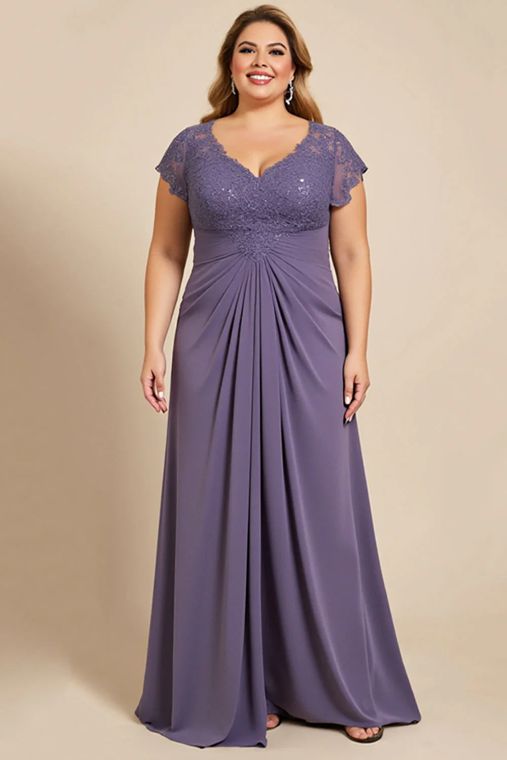 Grey Purple Plus Size Long Mother of the Bride Dress with Cap Sleeves